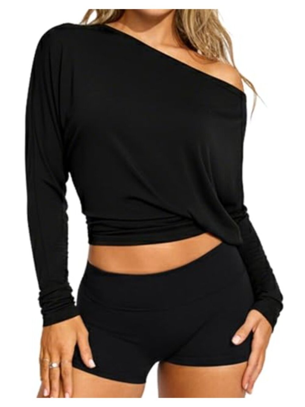 Women's Off Shoulder Crop Top Batwing Sleeve Cinch Waist Stretchy Blouse